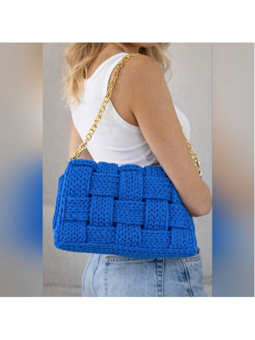 Blue Woven Knit Shoulder Bag with Gold Chain